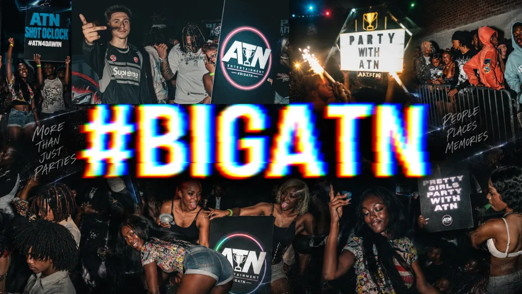Collage of ATN party crowds holding signs — Party With ATN, Pretty Girls Party With ATN — around a glitched #BIGATN
